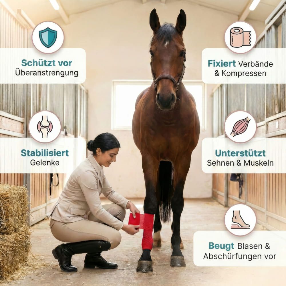 Frau legt rotes Bandage an Pferdebein. Text: Schützt, fixiert, stabilisiert, unterstützt, beugt Blasen vor.