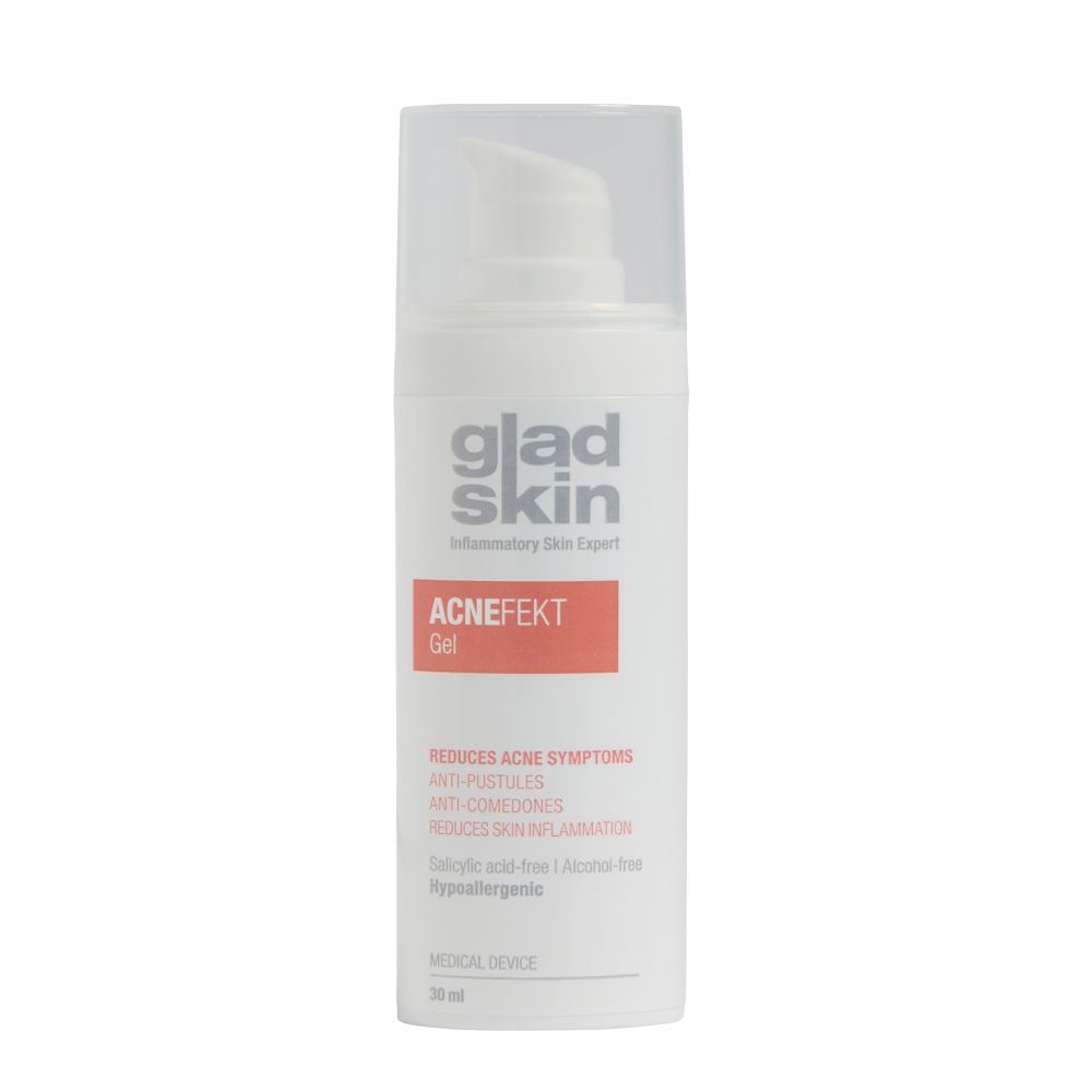 Weiße Flasche mit Pumpverschluss. Aufschrift: Gladskin, Acnefekt Gel. Reduziert Aknesymptome, entzündungshemmend. Medizinprodukt.
