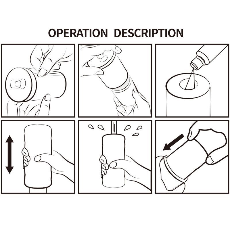 Schwarz-weiße Illustration, die die Bedienung eines Produkts zeigt. Sechs Schritte werden dargestellt.