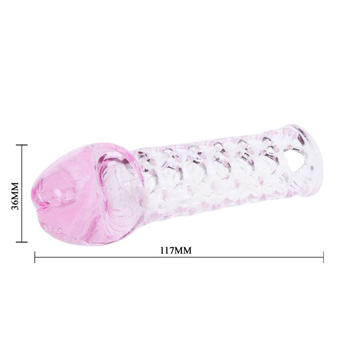 Penis-Extender-Cover. Transparentes Material mit rosa Spitze. Geriffelte Oberfläche. Maße: 117mm x 36mm.
