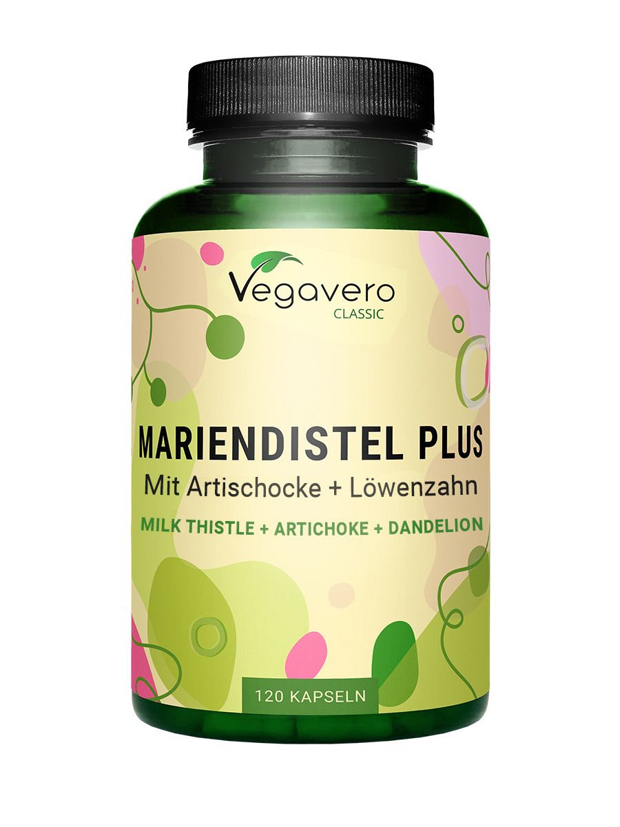 Grüne Flasche mit schwarzen Deckel. Aufschrift: Mariendistel Plus, 120 Kapseln. Vegavaro Classic Logo.
