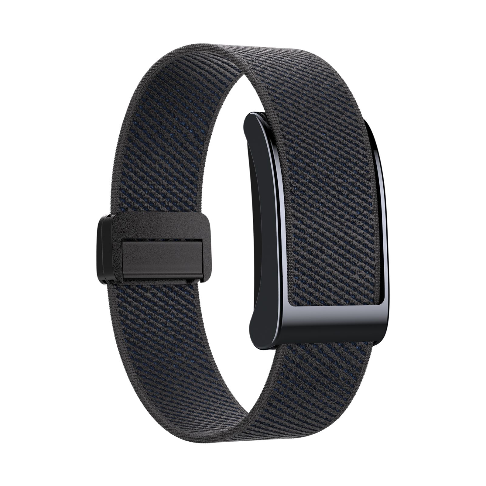 Seitenansicht des schwarzen GPS Smart Armbands mit Schnalle und Textilband.