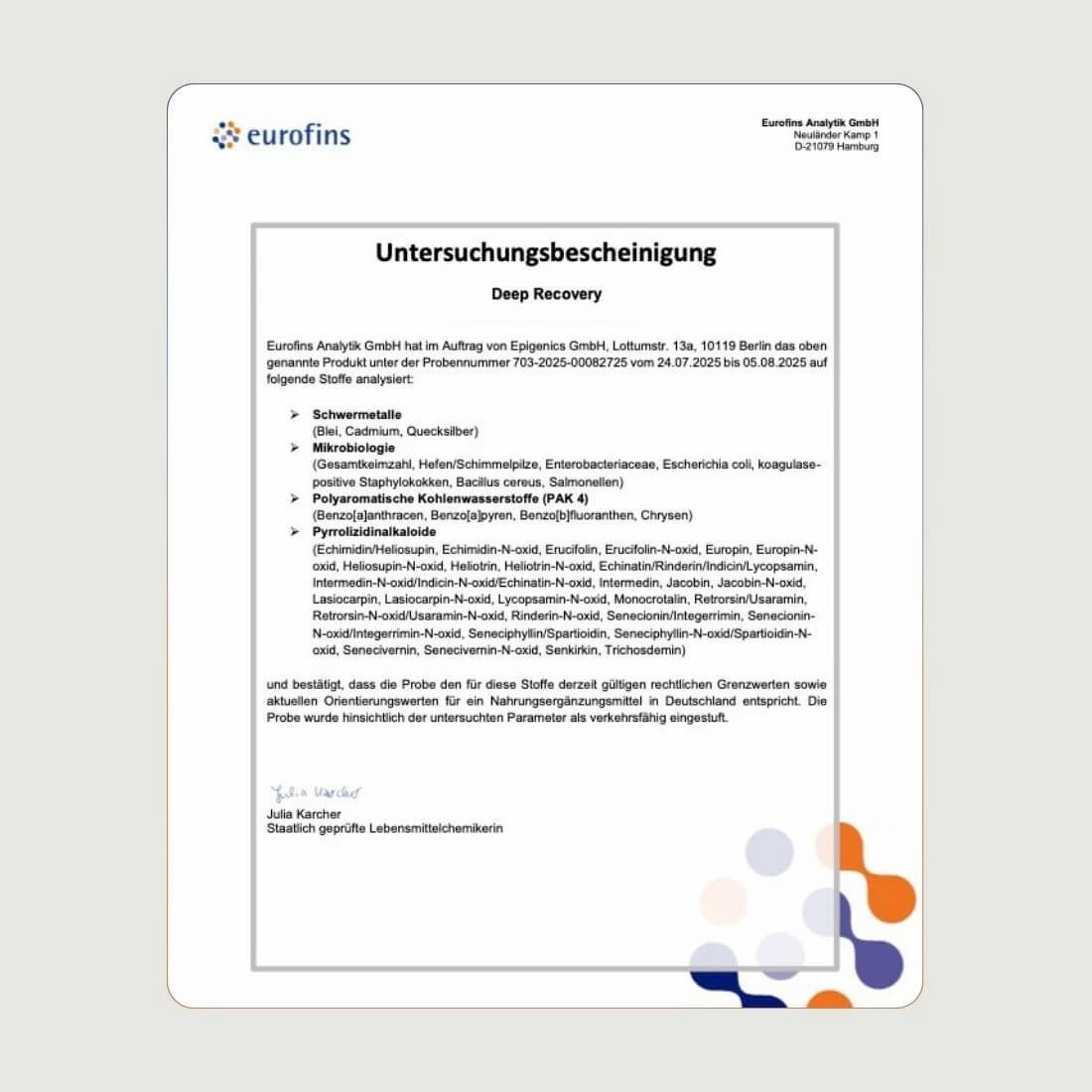 Zertifikat von Eurofins. Text: Untersuchungbescheinigung Deep Recovery. Analyseergebnisse.