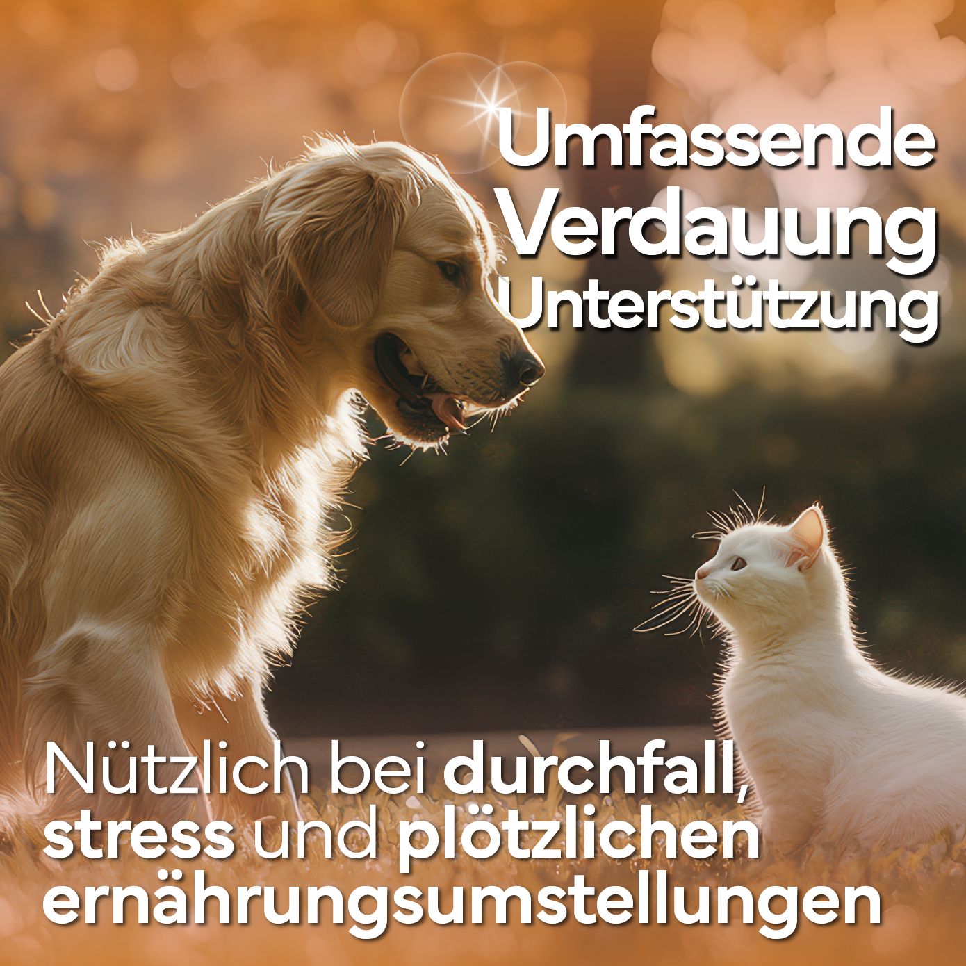 Hund und Katze im Freien. Text: Umfassende Verdauungsunterstützung. Nützlich bei Durchfall, Stress und Ernährungsumstellungen.