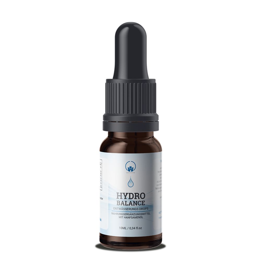 Braune Flasche mit schwarzem Tropfer. Etikett mit Produktnamen: Hydro Balance Entwässerungs Drops. 10ml.