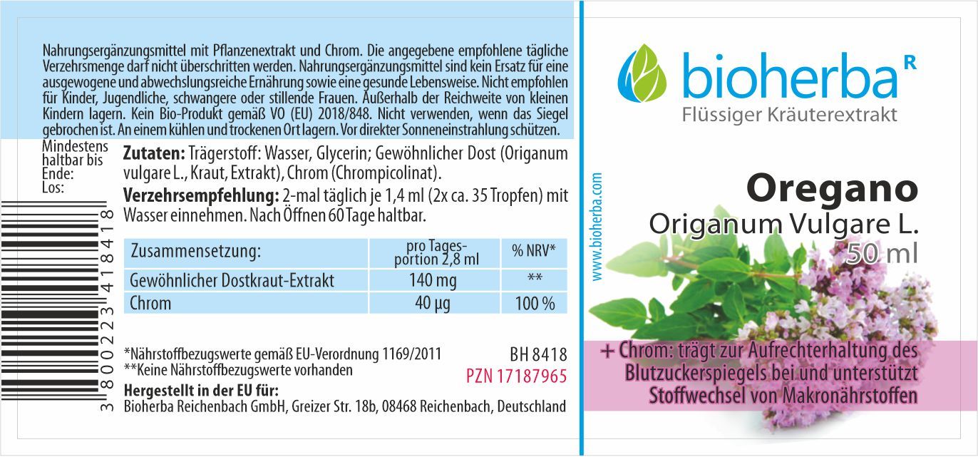 Etikett mit Produktnamen Oregano, Pflanzenabbildung, Markenlogo und Inhaltsangaben. Text in deutscher Sprache.