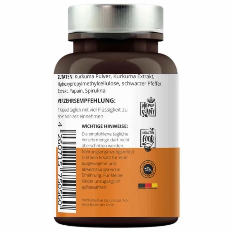 Rückseite der Flasche. Weißes Etikett mit Zutaten, Verzehrempfehlung und Warnhinweisen. Logos: Palm Quality, Healthy Food, Bio-Siegel.