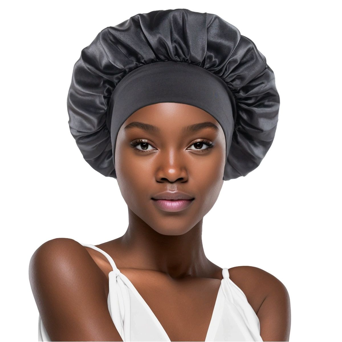 Schwarze Satin-Schlafhaube mit breitem elastischem Band.