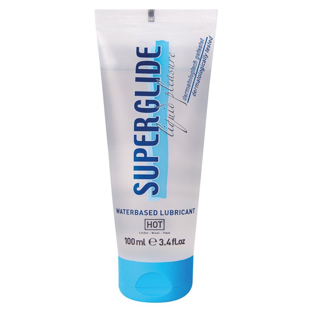 Transparente Tube mit blauem Verschluss. Aufschrift: SUPERGLIDE, waterbased lubricant, HOT. Dermatologisch getestet. 100ml.