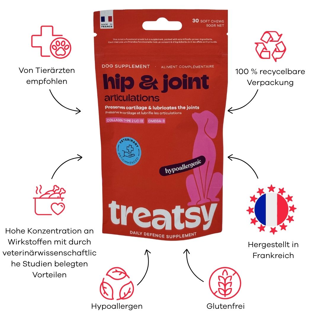 Rote Tüte mit „Hip & Joint“ für Hunde. Text und Logos. „100% recyclebare Verpackung“ und „Hergestellt in Frankreich“.