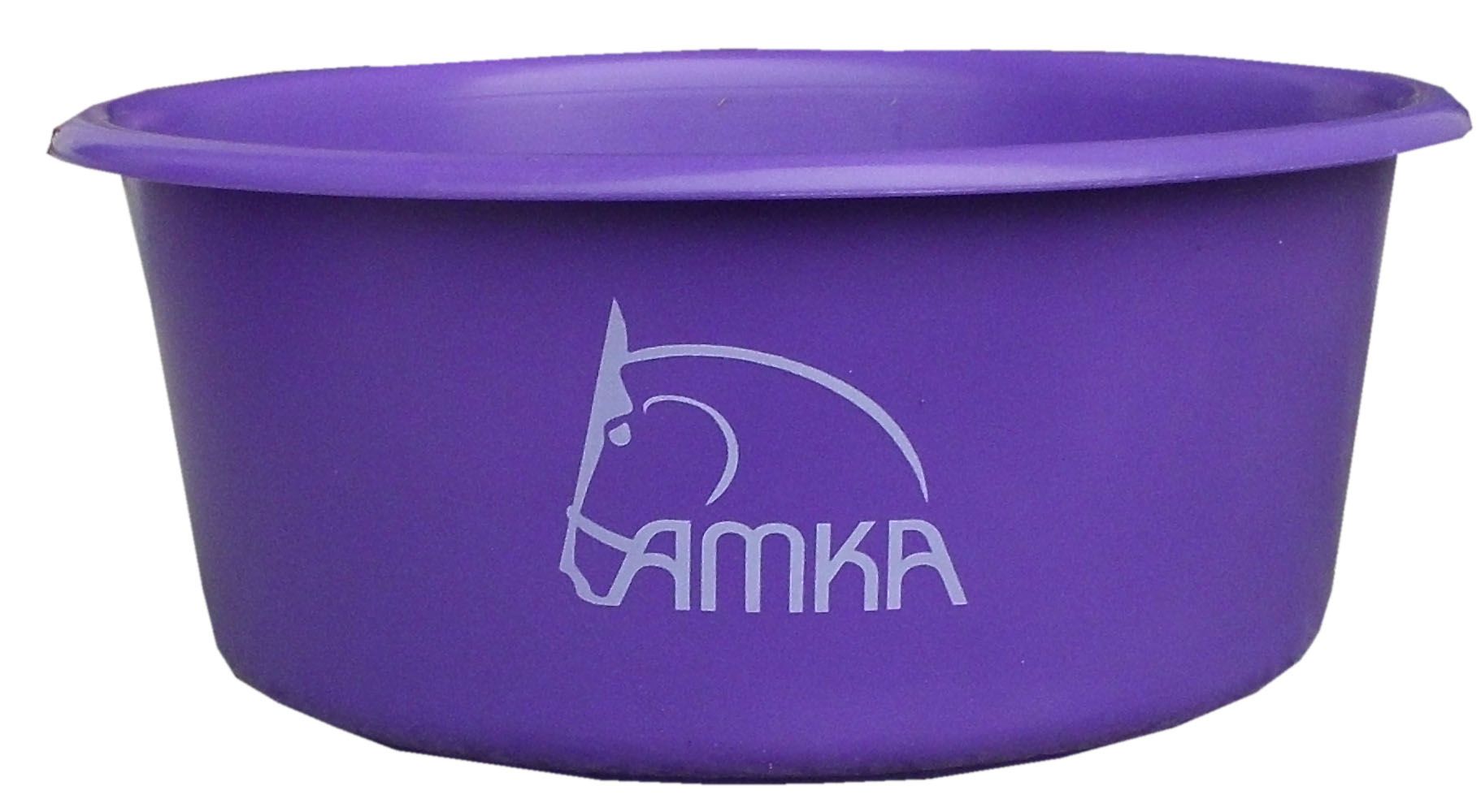 Violette Futterschale. Runde Form mit erhöhtem Rand. Logo AMKA mit Pferde-Silhouette.