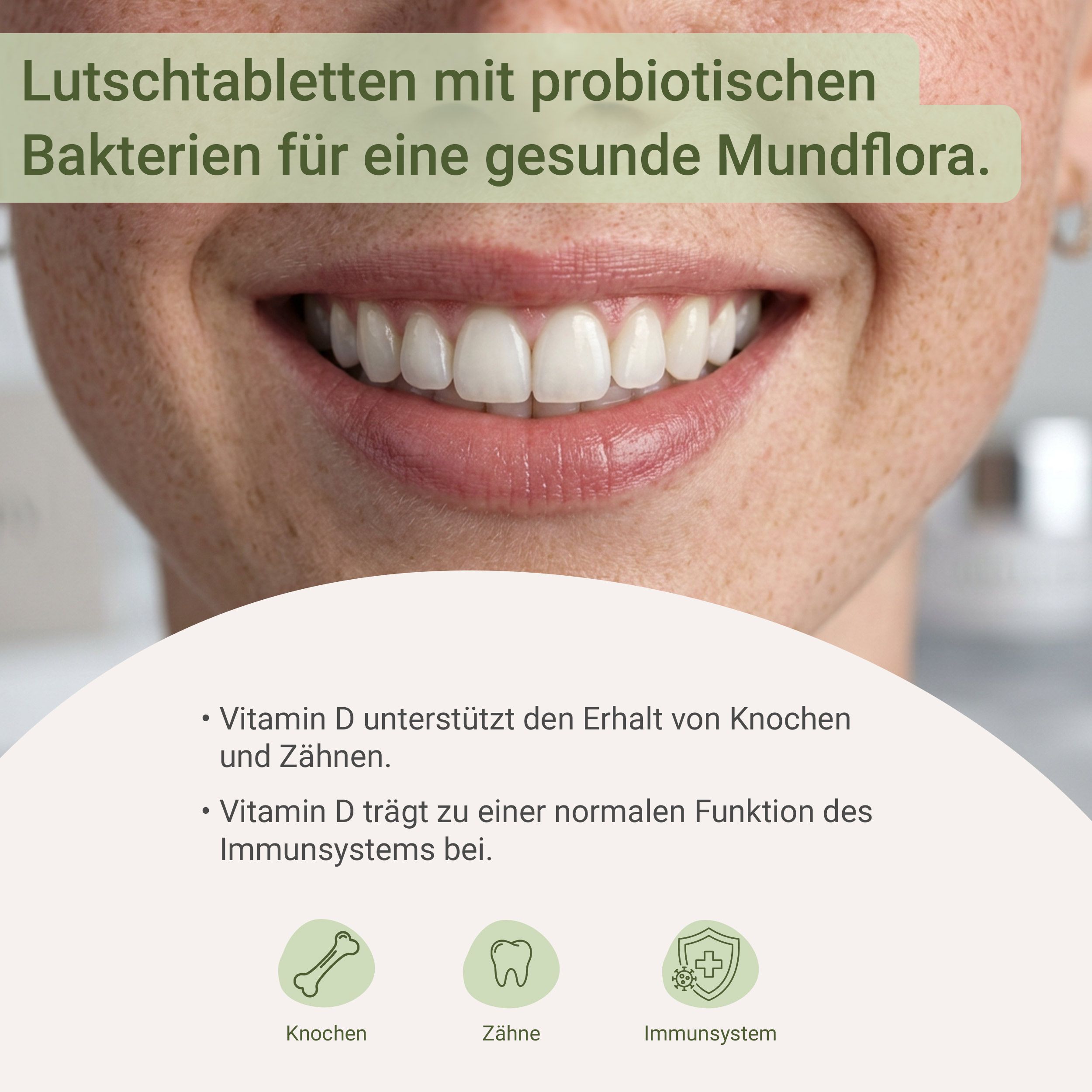 Nahaufnahme eines lächelnden Mundes mit weißen Zähnen, unten Text und Icons zu Vitamin D.