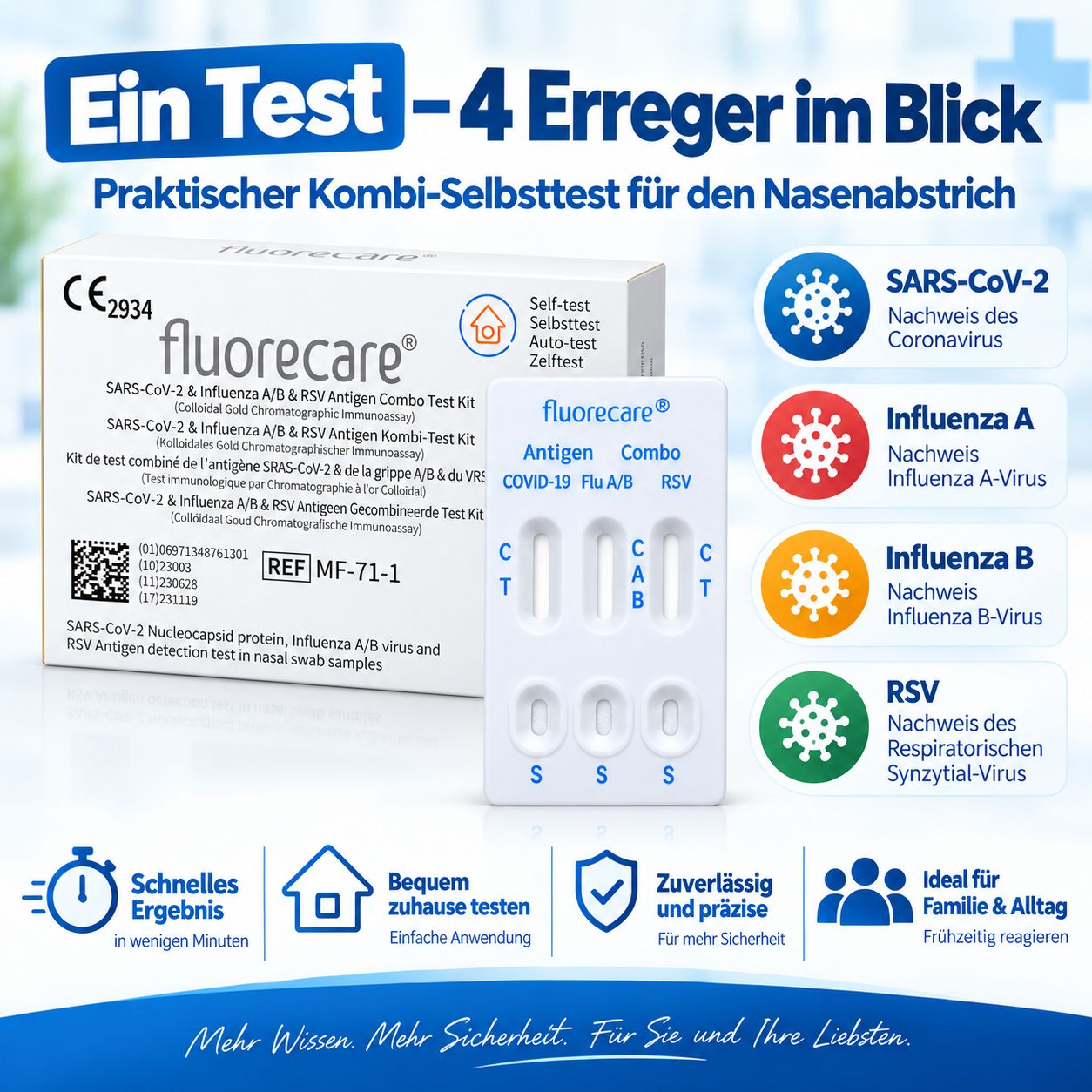 Fluorecare Test: 4 Erreger, Nasenabstrich, schnelle Ergebnisse.