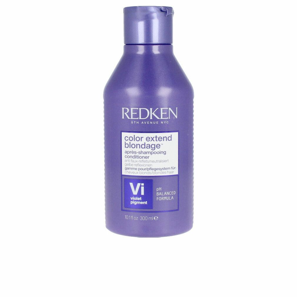 Violettfarbener Conditioner von Redken. Flasche mit Produktnamen und Inhaltsangaben. pH-ausgewogene Formel.