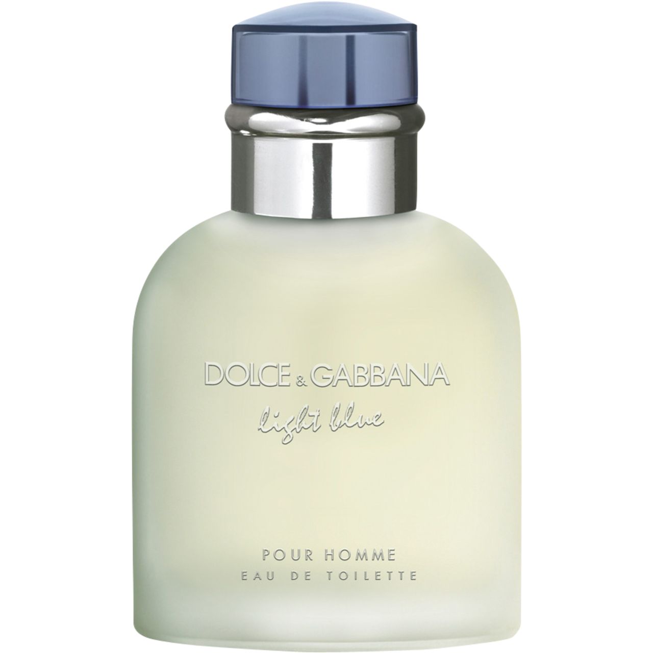 Flakon von Dolce & Gabbana Light Blue Pour Homme EdT Nat. Spray. Hellblaues Glas, silberner Hals, blauer Deckel. Schriftzug.