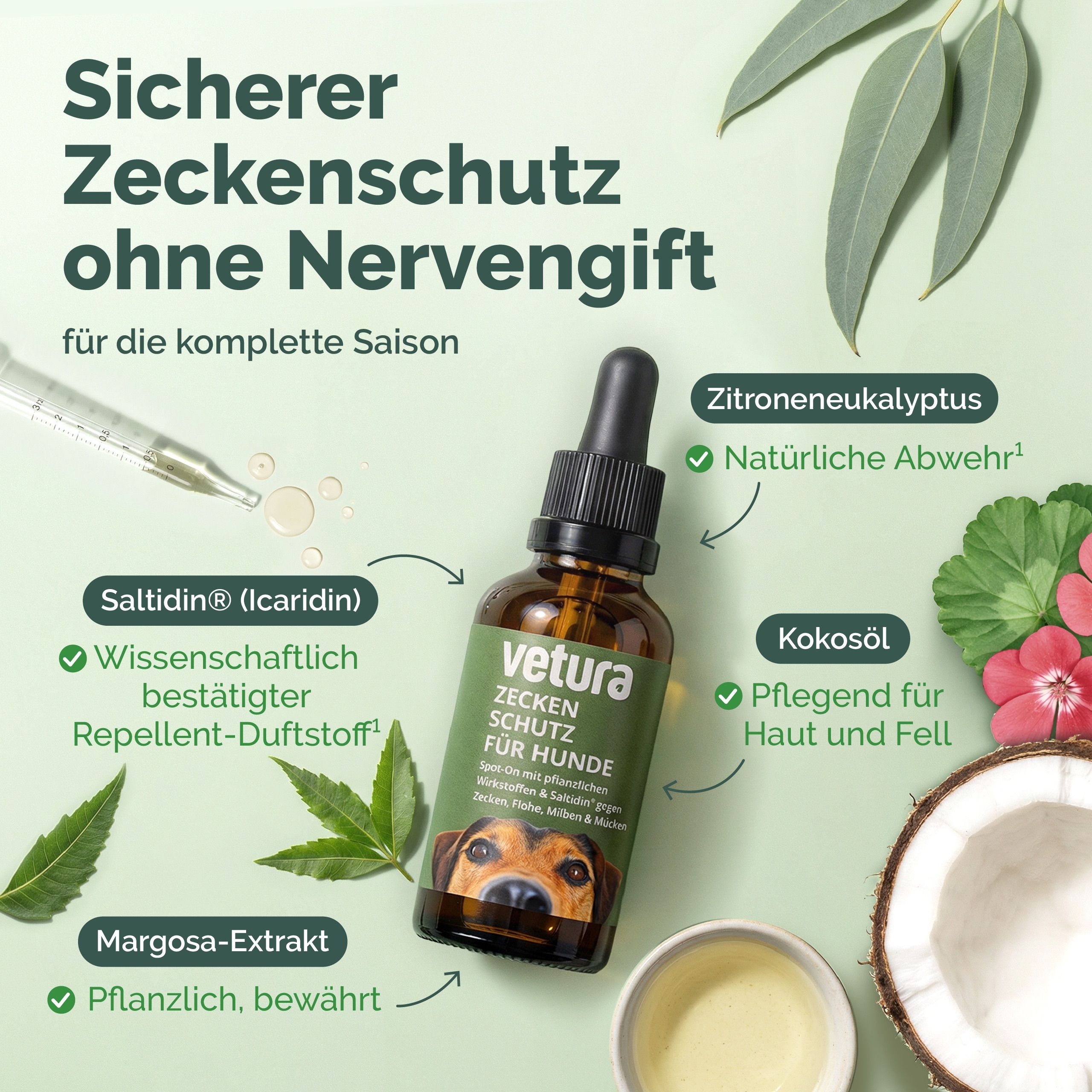 Braune Glasflasche mit Tropfer und Produktetikett: Vetura Zeckenschutz für Hunde. Inhaltsstoffe: Zitroneneukalyptus, Kokosöl, Margosa-Extrakt.