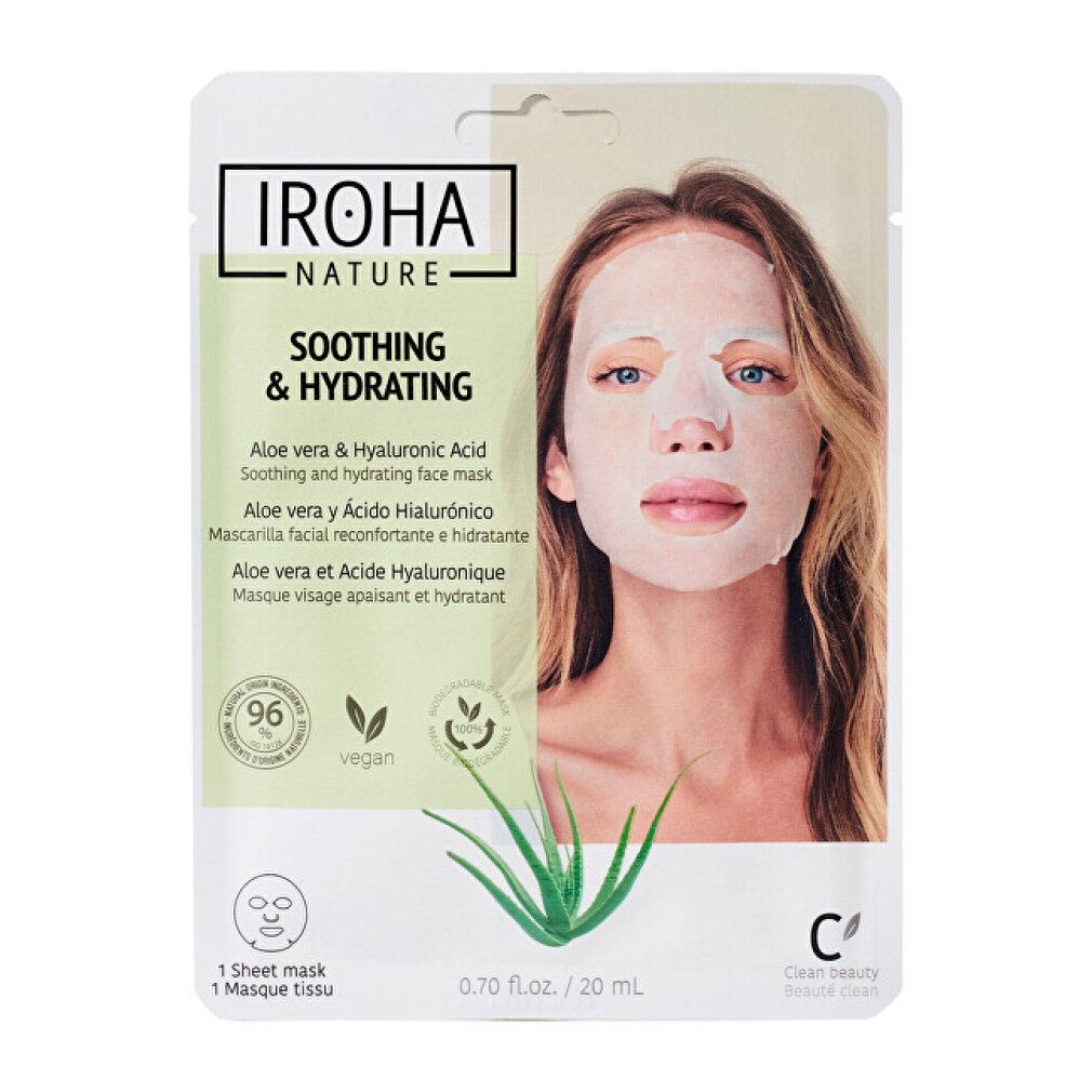 Iroha Nature beruhigende und feuchtigkeitsspendende Tuchmaske mit Aloe Vera und Hyaluronsäure.