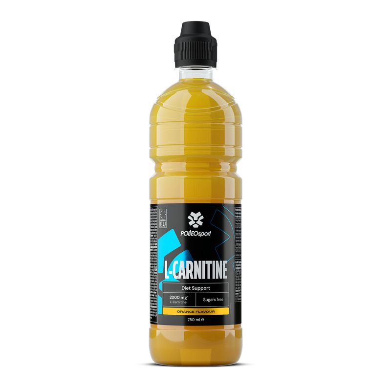 Gelbe Flasche mit schwarzem Deckel. Aufschrift L-Carnitine, Diet Support, Orange Flavour. Marke: PolleoSport.