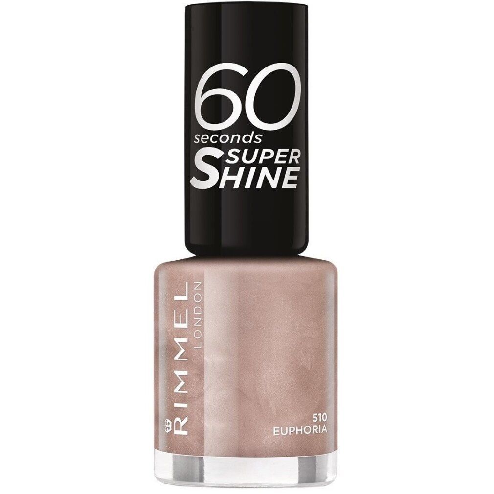 Nagellackflasche mit schwarzem Deckel. Aufschrift: Rimmel London, 60 Seconds Super Shine, Farbton 510 Euphoria.