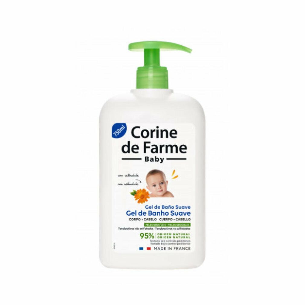 Weißer Spender mit grünem Pumpkopf. Aufschrift: Corine de Farme Baby. Produktname und Baby-Illustration. 95% natürlichen Ursprungs.
