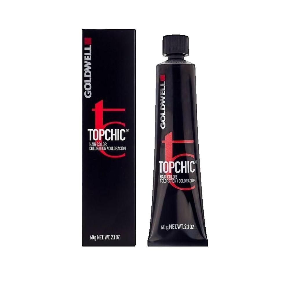 Goldwell Topchic Haarfarben-Tube und Schachtel. Schwarze Tube mit roter Schrift. Schwarze Schachtel mit roter Schrift. 60g Netto.