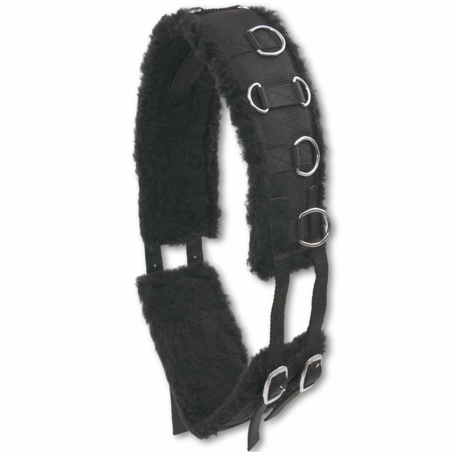 Schwarzer Longiergurt mit Fell, Metallringen und Schnallen. Für Pferde. 