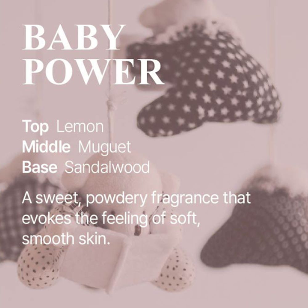 Mobile mit Teddybären und Sternen. Text: BABY POWER. Duftnoten: Zitrone, Maiglöckchen, Sandelholz.