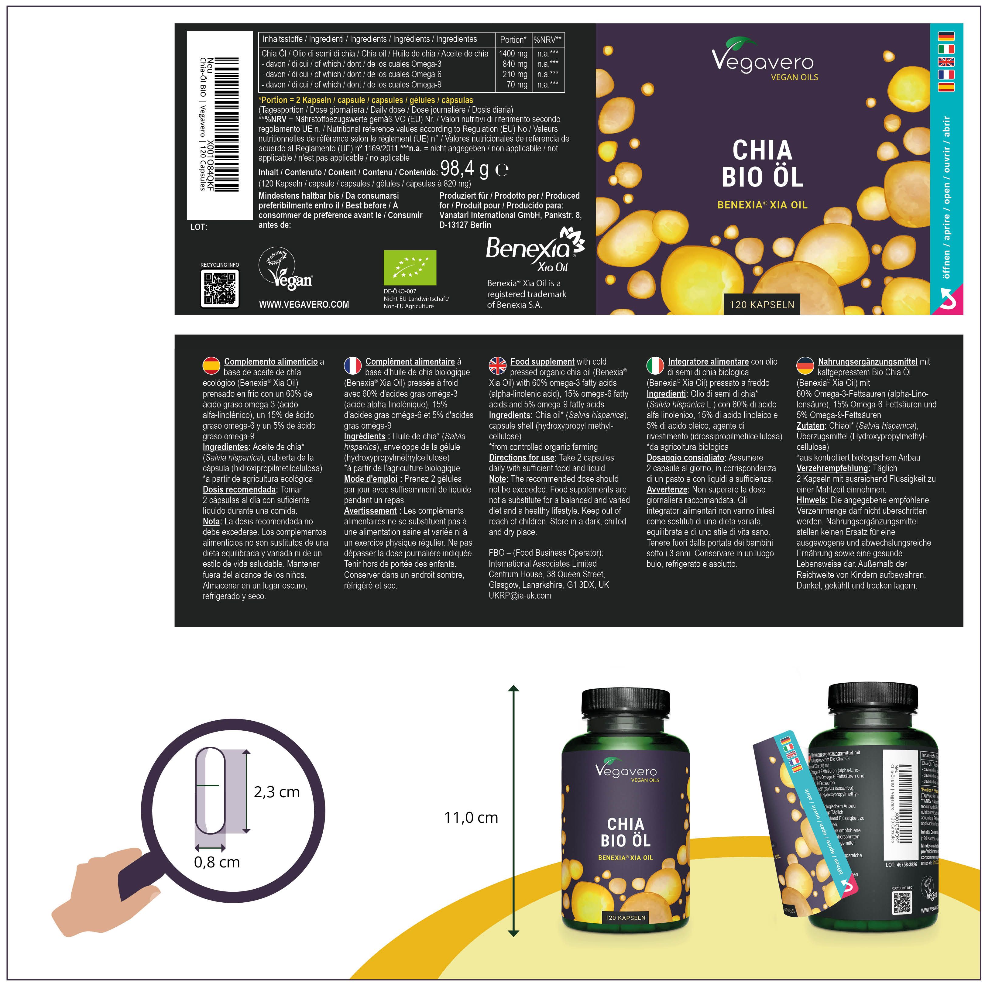 Produktverpackung mit Etikett. Flasche mit Kapseln, Maße: 11,0 cm hoch, 0,8 x 2,3 cm Kapsel.