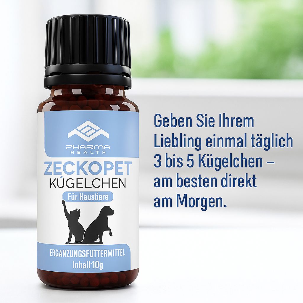 Braune Glasflasche mit schwarzem Deckel. Aufkleber mit Logo, Text: Zeckopet Kügelchen, Für Haustiere. Text: Geben Sie Ihrem Liebling 3-5 Kügelchen täglich.