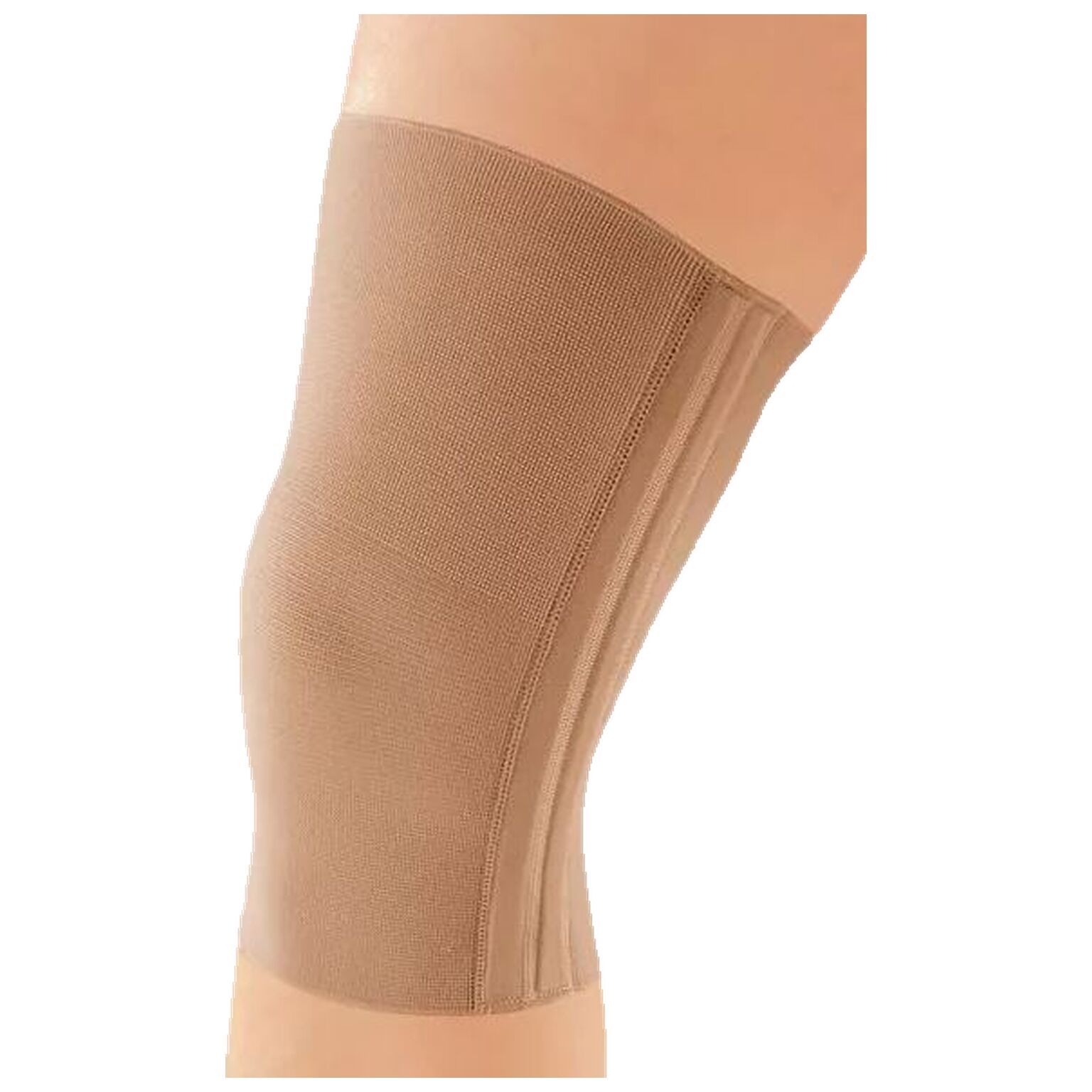 Beigefarbene Kniebandage. Nahtloses Design. Vertikale Verstärkungen an der Seite. Auf einem Bein getragen.