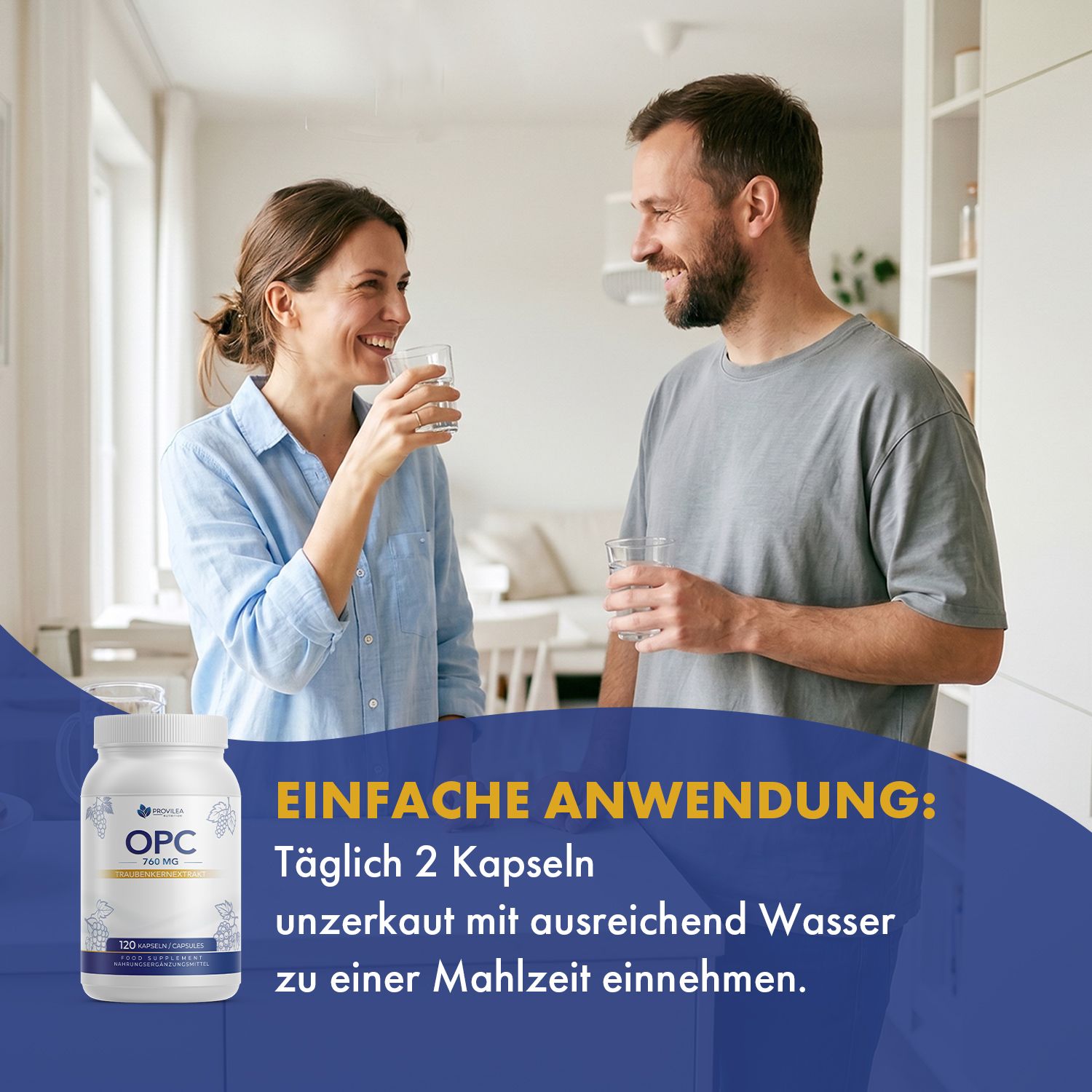 Mann und Frau trinken Wasser mit OPC Traubenkernextrakt Kapseln. Einfache Anwendung: Täglich 2 Kapseln unzerkaut einnehmen.