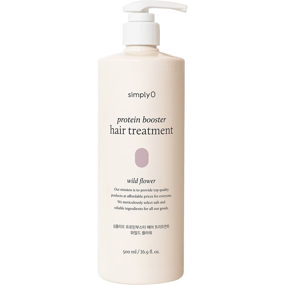 Beige Flasche mit Pumpe. Aufschrift: Protein Booster Hair Treatment, wild flower. Text darunter. 500 ml/16.9 fl. oz.