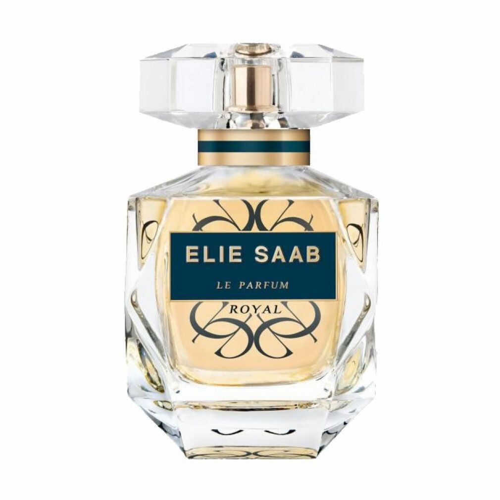 Parfümflakon mit goldfarbenem Verschluss und blauem Etikett mit goldfarbenem Schriftzug: Elie Saab Le Parfum Royal. Transparenter Flakon.