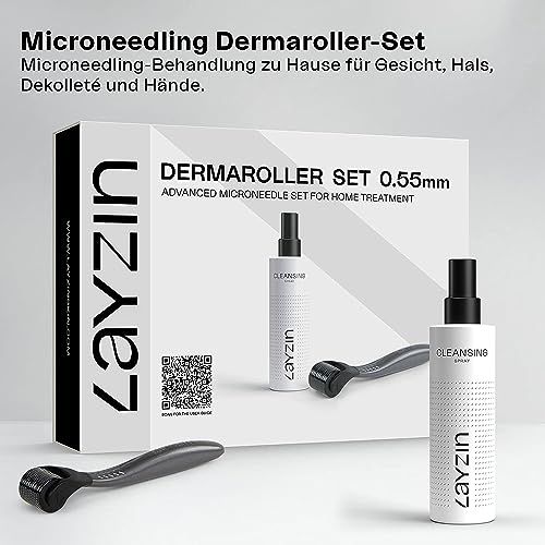 Verpackung mit Dermaroller Set, Dermaroller, und Reinigungsspray. Schwarze Schrift auf weißem Hintergrund.