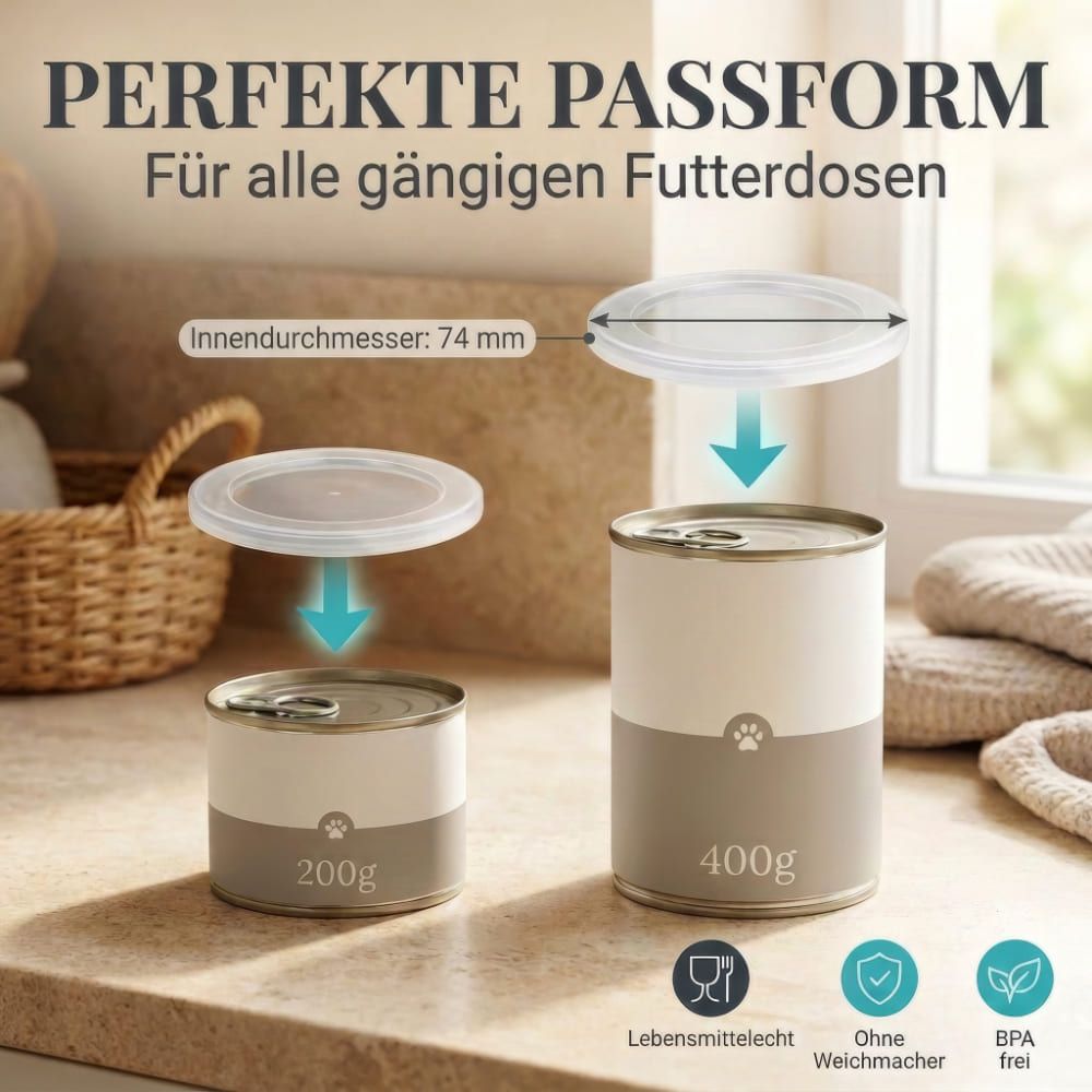 Zwei Dosen Tierfutter mit Deckel. Auf einer Dose steht 200g, auf der anderen 400g. Der Deckel ist transparent und hat einen Durchmesser von 74 mm.