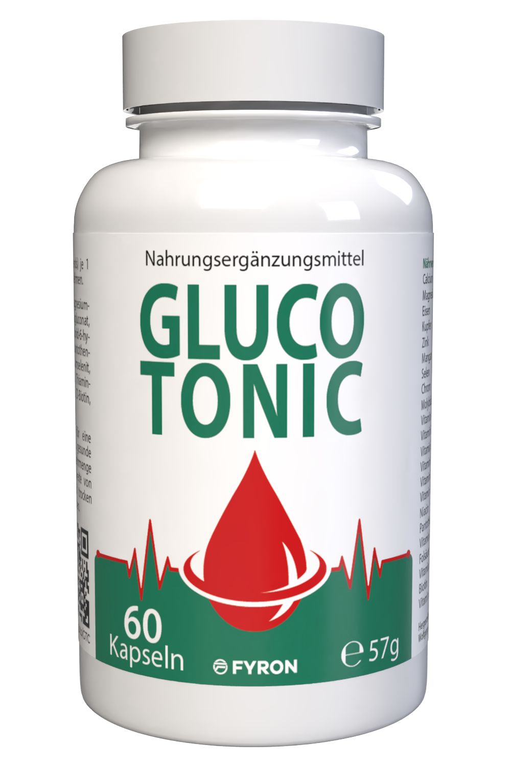 Rückseite einer Flasche mit Nahrungsergänzungsmitteln, Nährwerttabelle pro 2 Kapseln.
