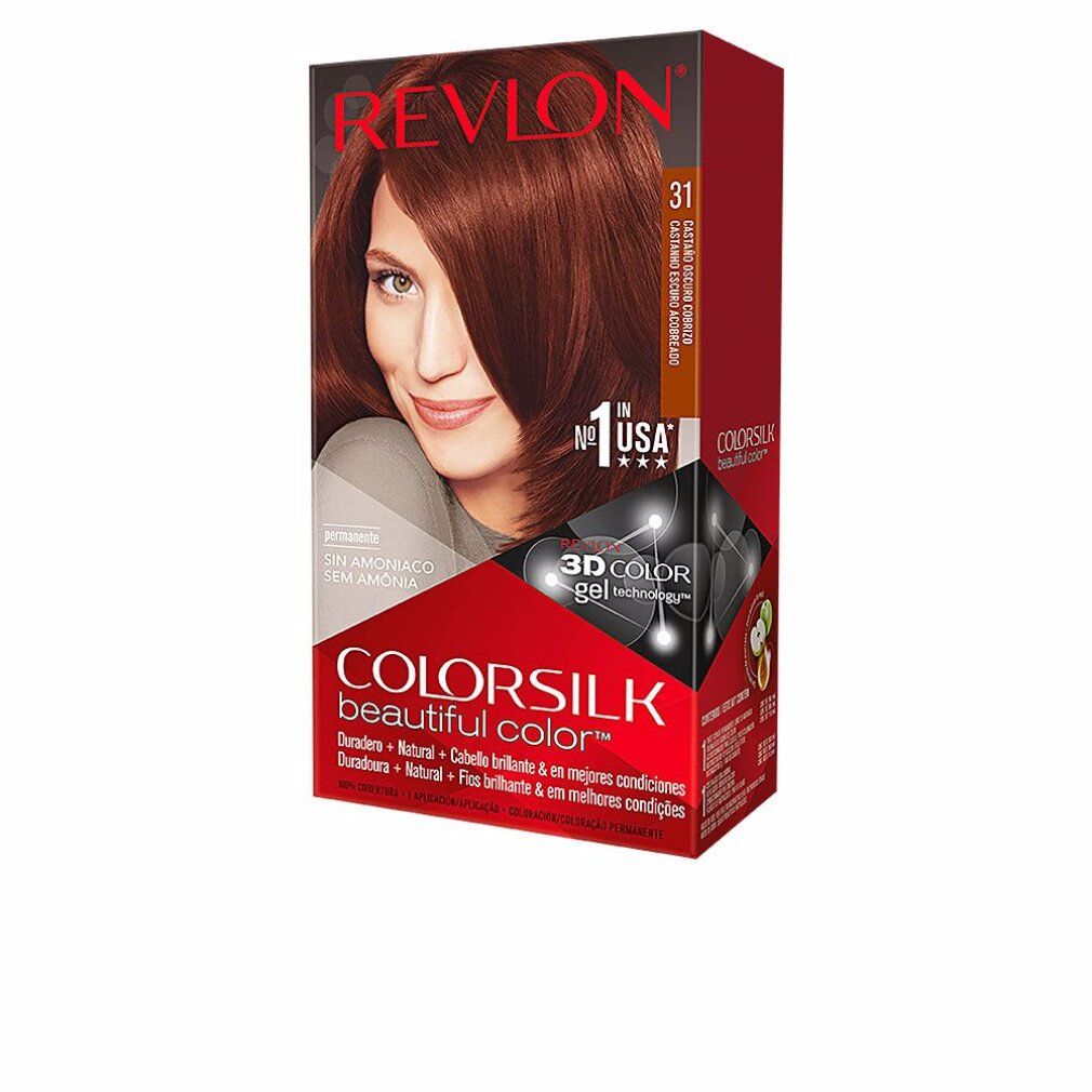 Revlon Colorsilk 31 Dark Auburn Haarfarbe. Verpackung mit Frau mit braunen Haaren. "Sin amoniaco" und "3D Color gel technology" sind sichtbar.