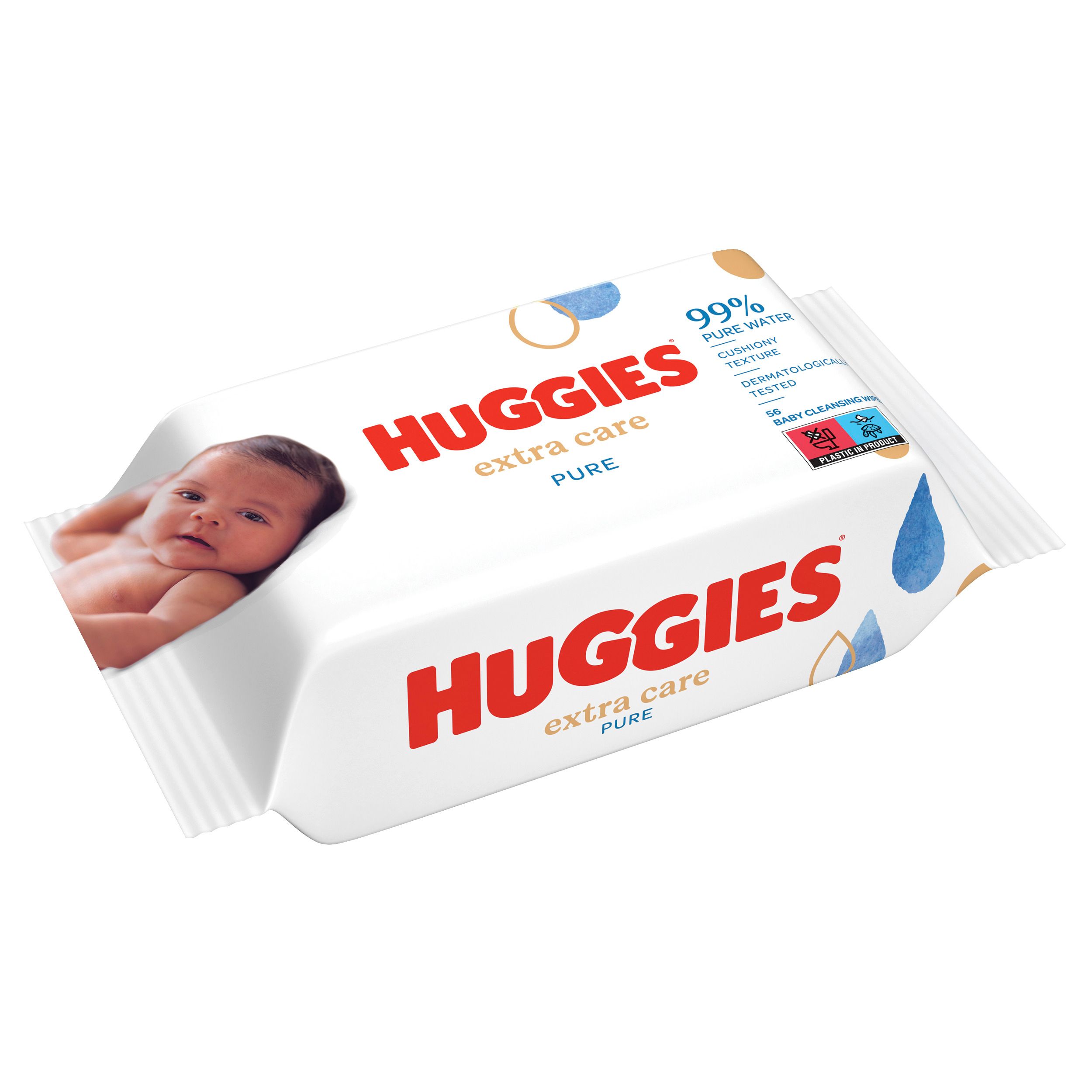 HUGGIES 'extra care PURE' Feuchttücher-Packung. Baby auf der Verpackung. 99% Wasser, dermatologisch getestet. Weiße Verpackung.
