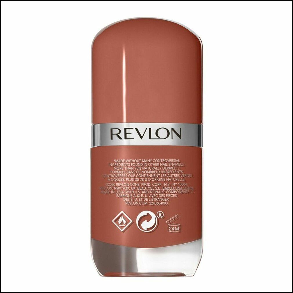 Rückseite der Revlon Ultra HD Snap! Nagellackflasche. Text: Revlon, Inhaltsstoffe, Warnhinweise, 24M-Symbol. Braune und transparente Flasche.