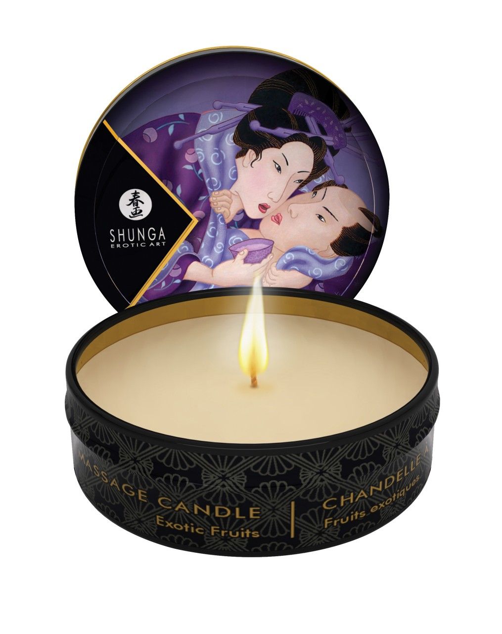Shunga Massagekerze Libido/Exotic Fruits in schwarzer Dose, mit brennender Flamme. Deckel zeigt erotische Kunst.