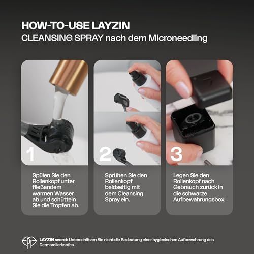 Anleitung zur Verwendung von LAYZIN Reinigungs-Spray nach dem Microneedling. 3 Schritte mit Bildern.