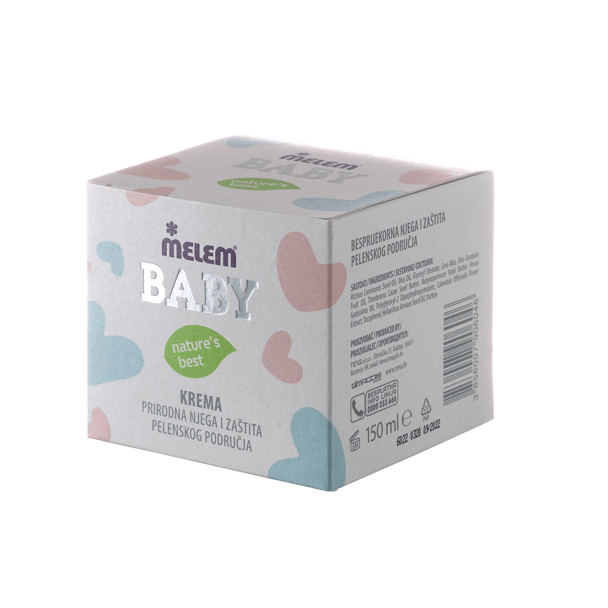 Quadratische Verpackung mit Aufschrift "Melem Baby". Rosa und blaue Herzmuster. Text: "Krema".