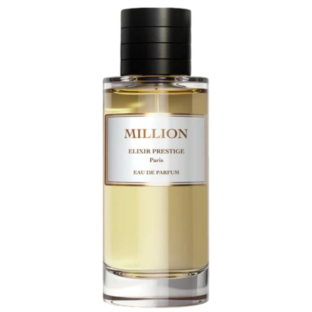Parfümflakon mit schwarzem Deckel. Weißes Etikett mit "MILLION" und "ELIXIR PRESTIGE". Klare Flüssigkeit sichtbar.