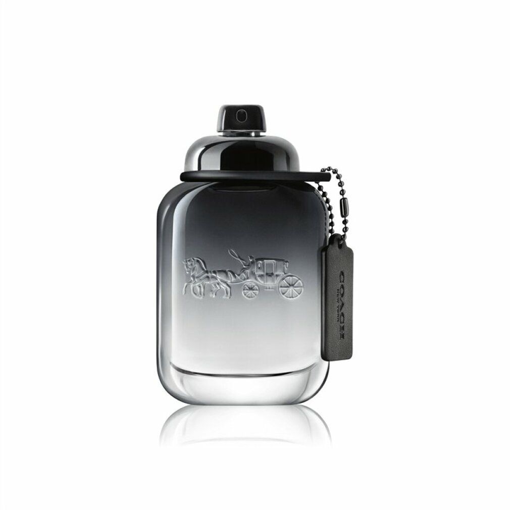 Coach For Men Eau de Toilette Flakon. Schwarzer Deckel und Anhänger. Logo und Schriftzug auf dem Flakon.
