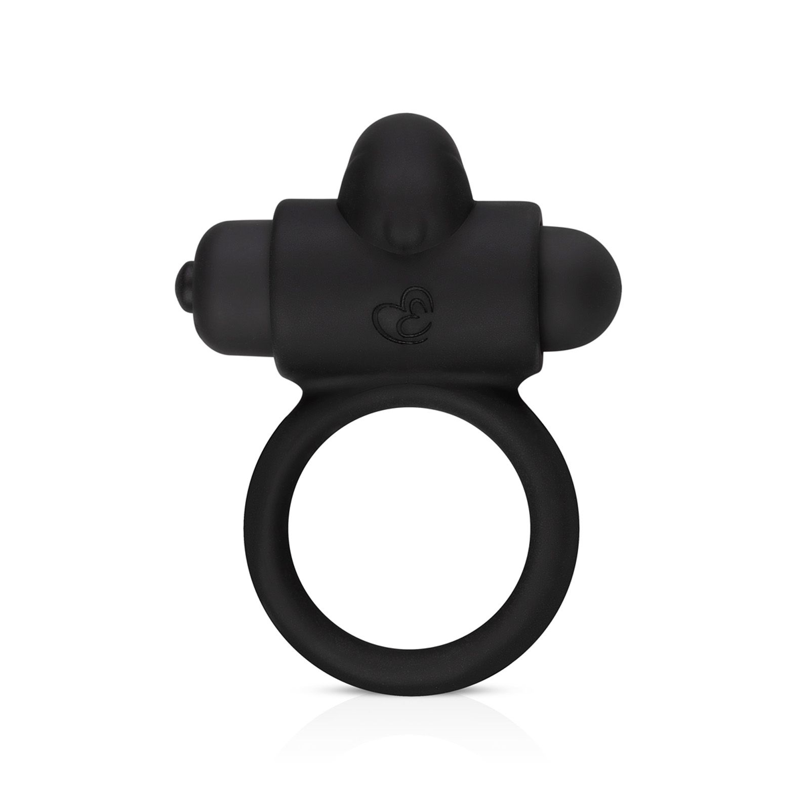 Schwarzer Penisring mit Rabbit Stimulator. Ringförmige Basis, zylindrischer Mittelteil, Rabbit-Aufsatz mit Herz-Symbol.