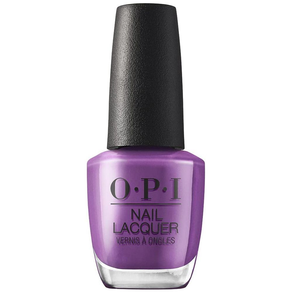 Flasche Nagellack. Lila Farbe, schwarzer Deckel. OPI-Logo.