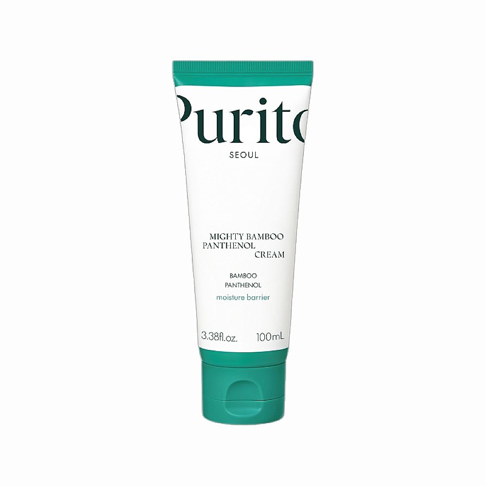 Creme-Tube. Weiß mit grünem Deckel. Aufschrift: Purito Seoul, Mighty Bamboo Panthenol Cream. 100ml.