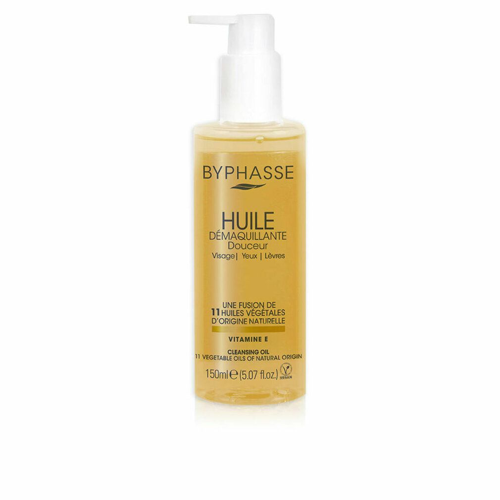 Flasche mit Pumpe. Aufschrift: BYPHASSE, HUILE DÉMAQUILLANTE Douceur. Enthält 11 pflanzliche Öle. Mit Vitamin E. 150ml.