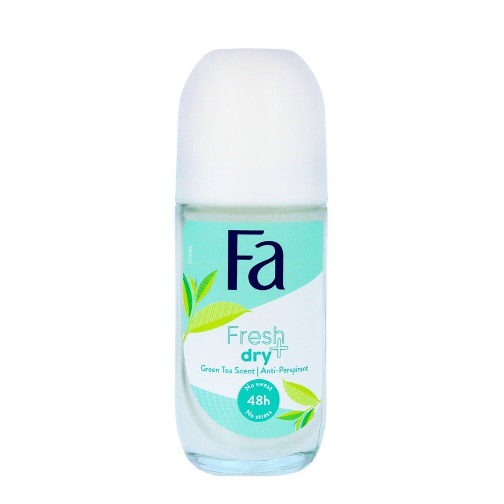 Roll-on-Antitranspirant. Weißer Deckel, transparente Flasche. Aufschrift: Fa, Fresh dry+, Grüner Tee Duft, 48h.