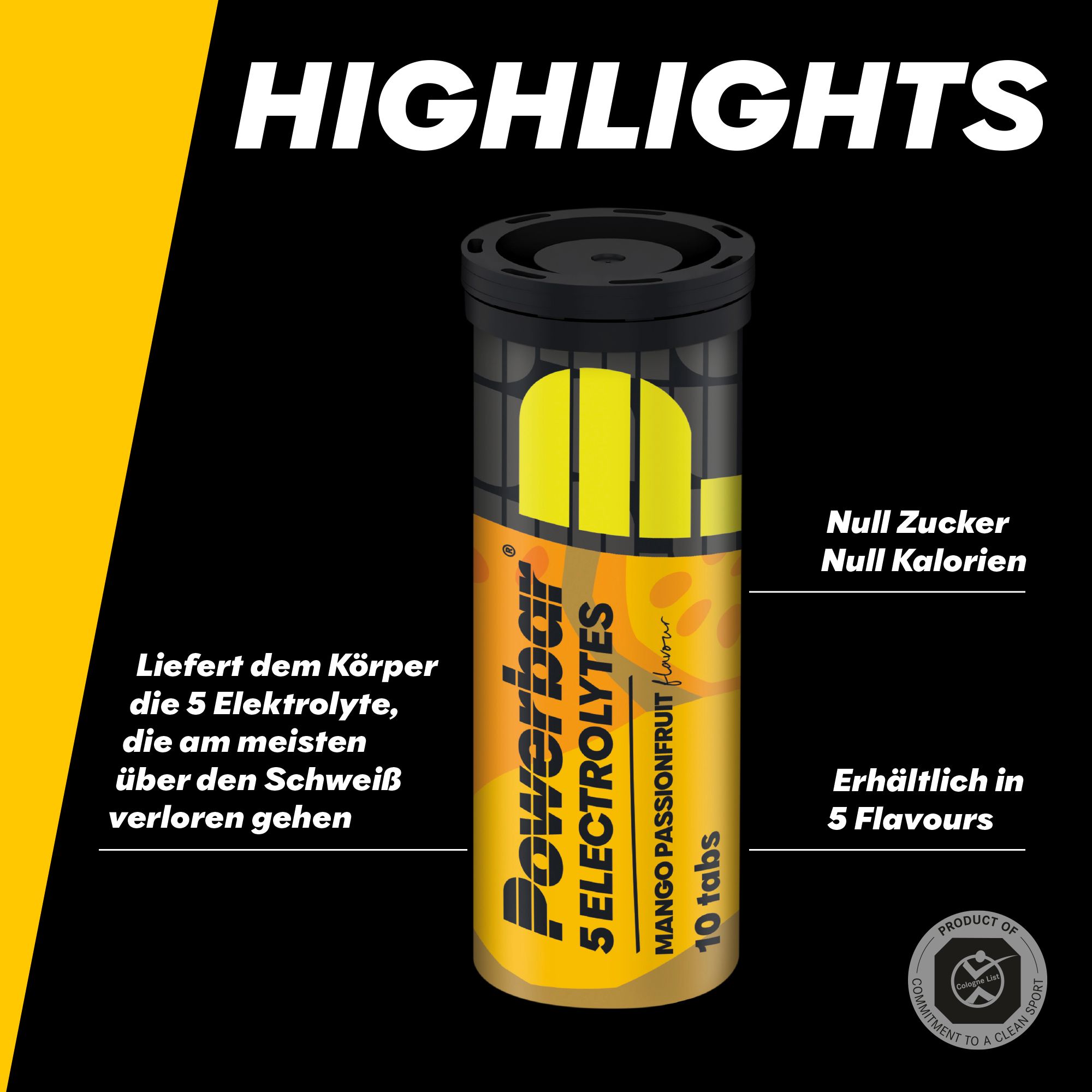 Powerbar 5 Electrolytes Mango Passionfruit-Dose. Text: Null Zucker, Null Kalorien. Erhältlich in 5 Geschmacksrichtungen. 10 Tabs.